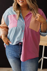 Pink Color Block Chest Pockets Plus Size Shirt