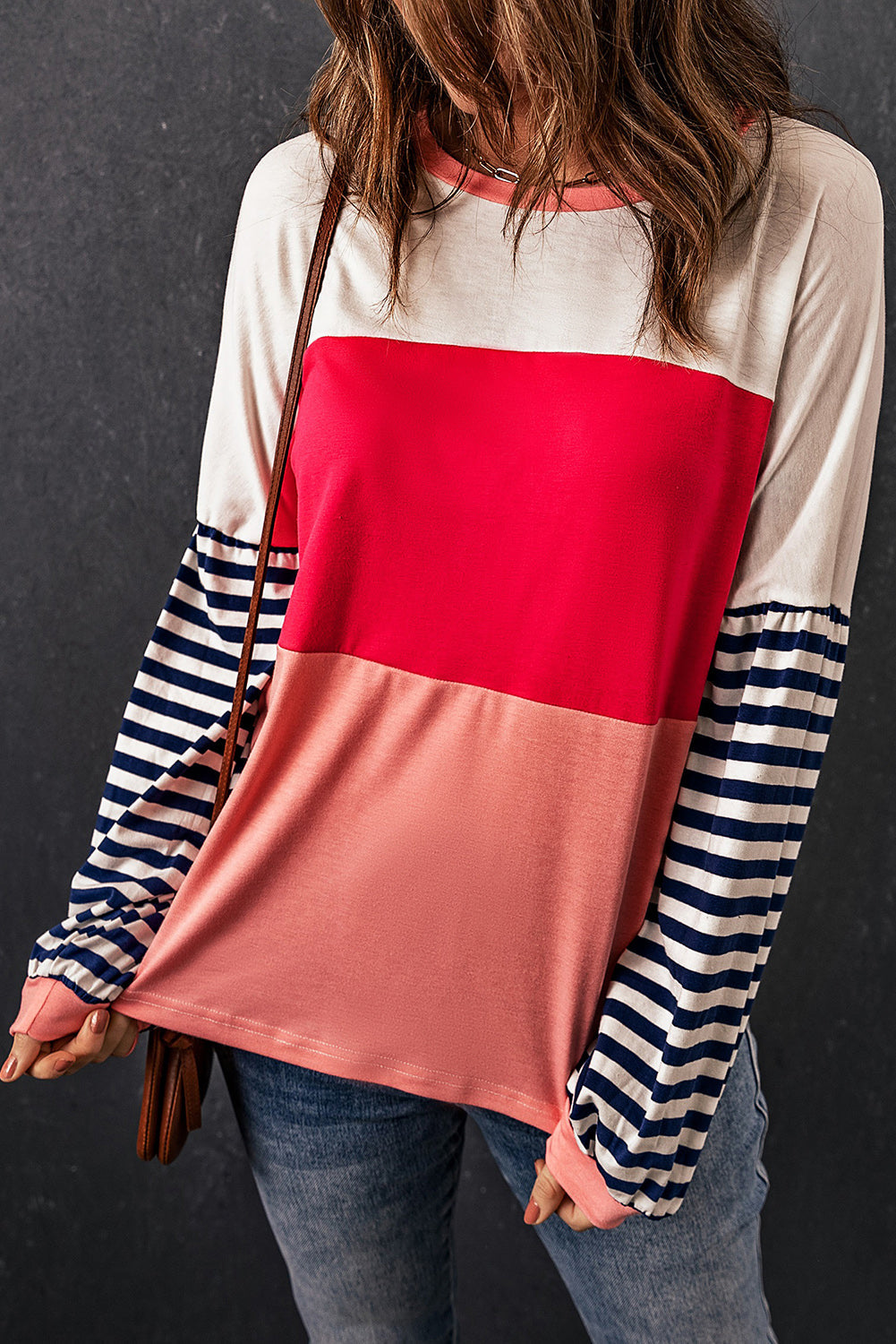 Pink Color Block Bubble Striped Sleeve Top