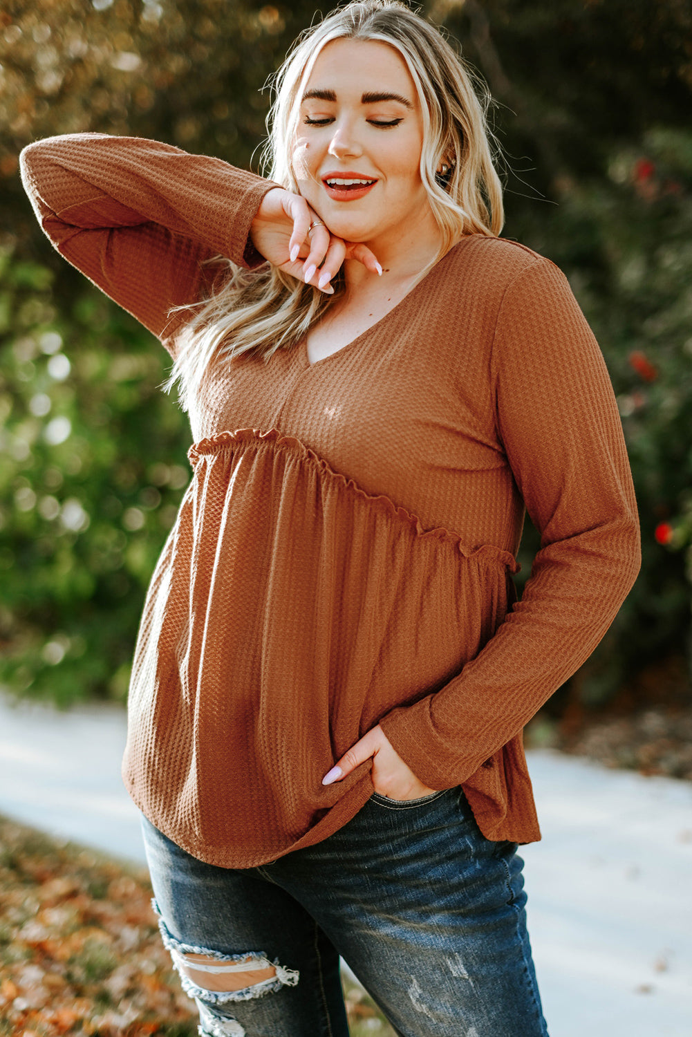 Orange Plus Size Ruffled Waffle Knit Top