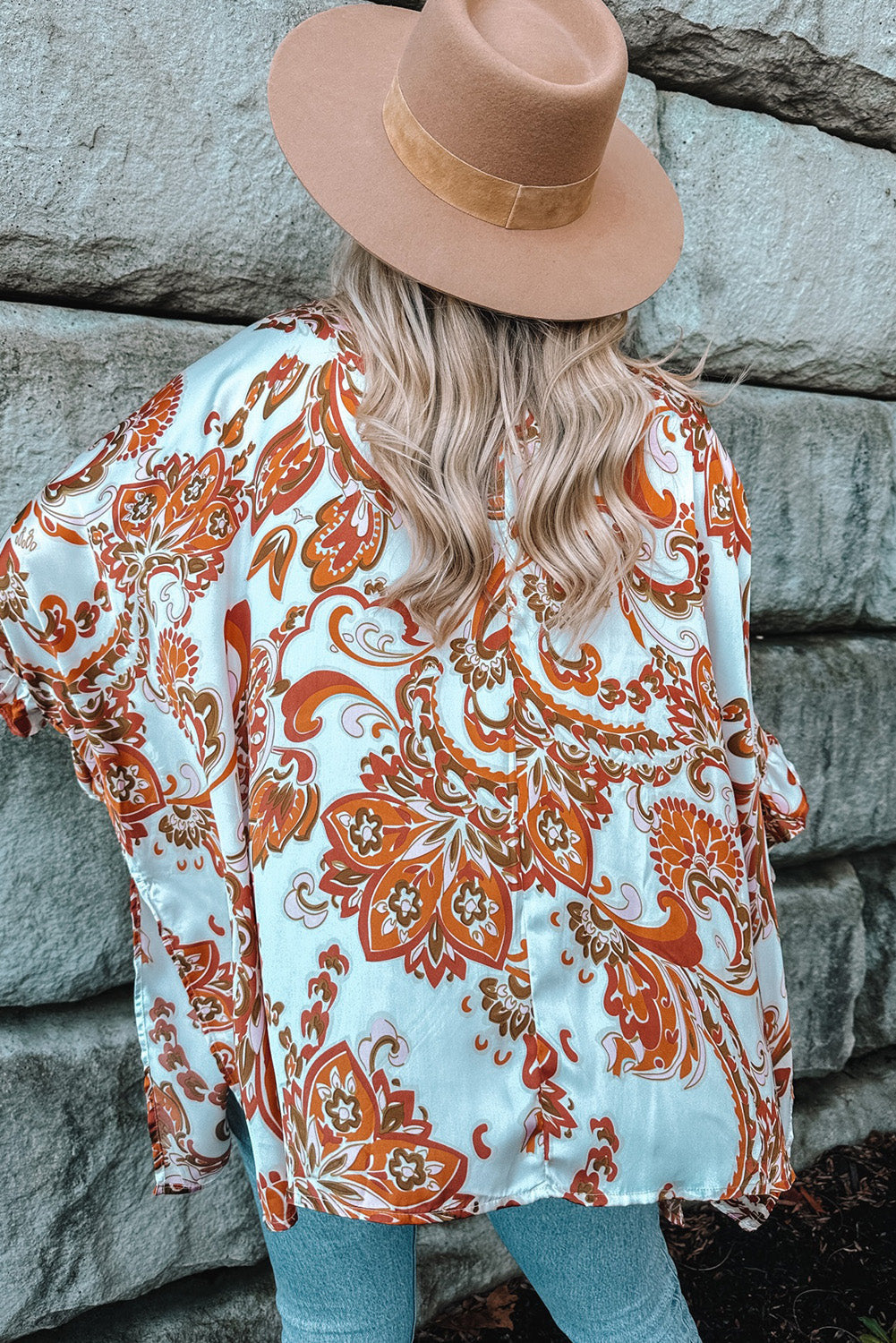 Orange Draped Paisley Print Open Front Overlay Top with Ruffles