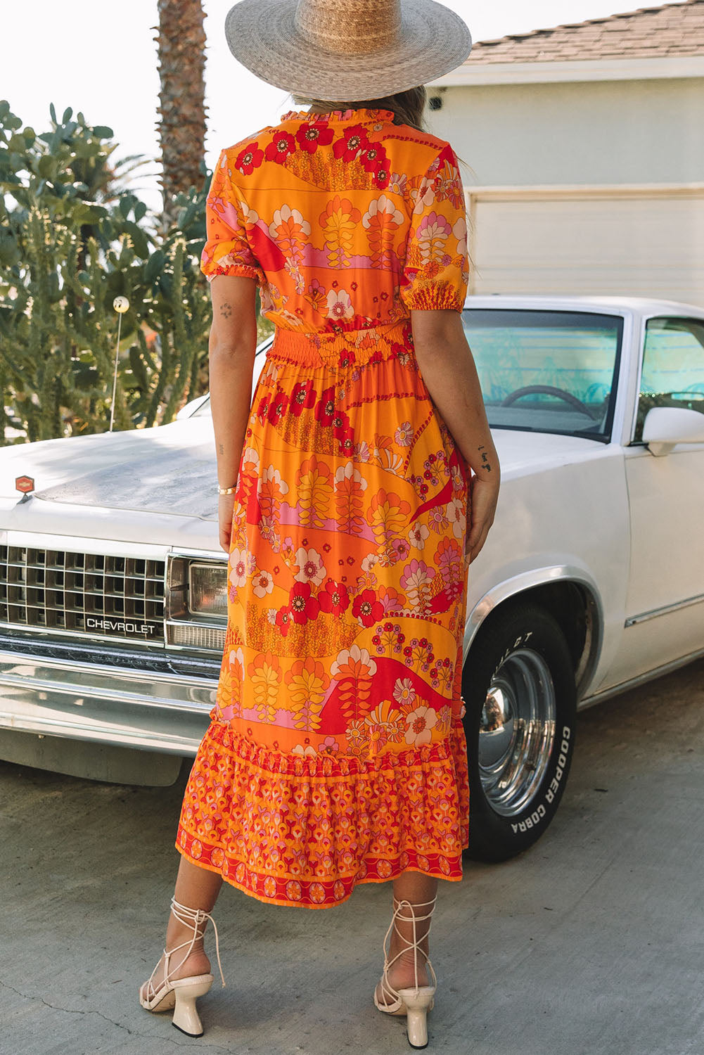 Orange Boho Floral Smocked Waist Maxi Dress with Slit