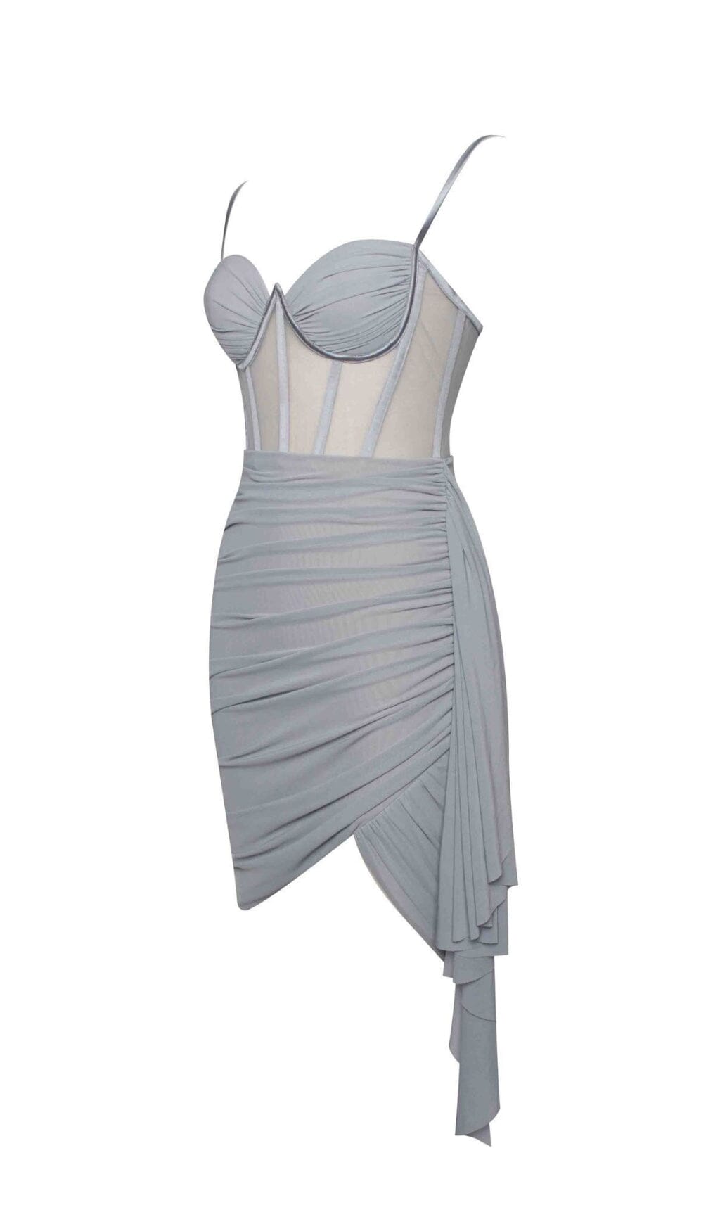 YOLIE GREY RUCHED DRAPING MESH CORSET DRESS