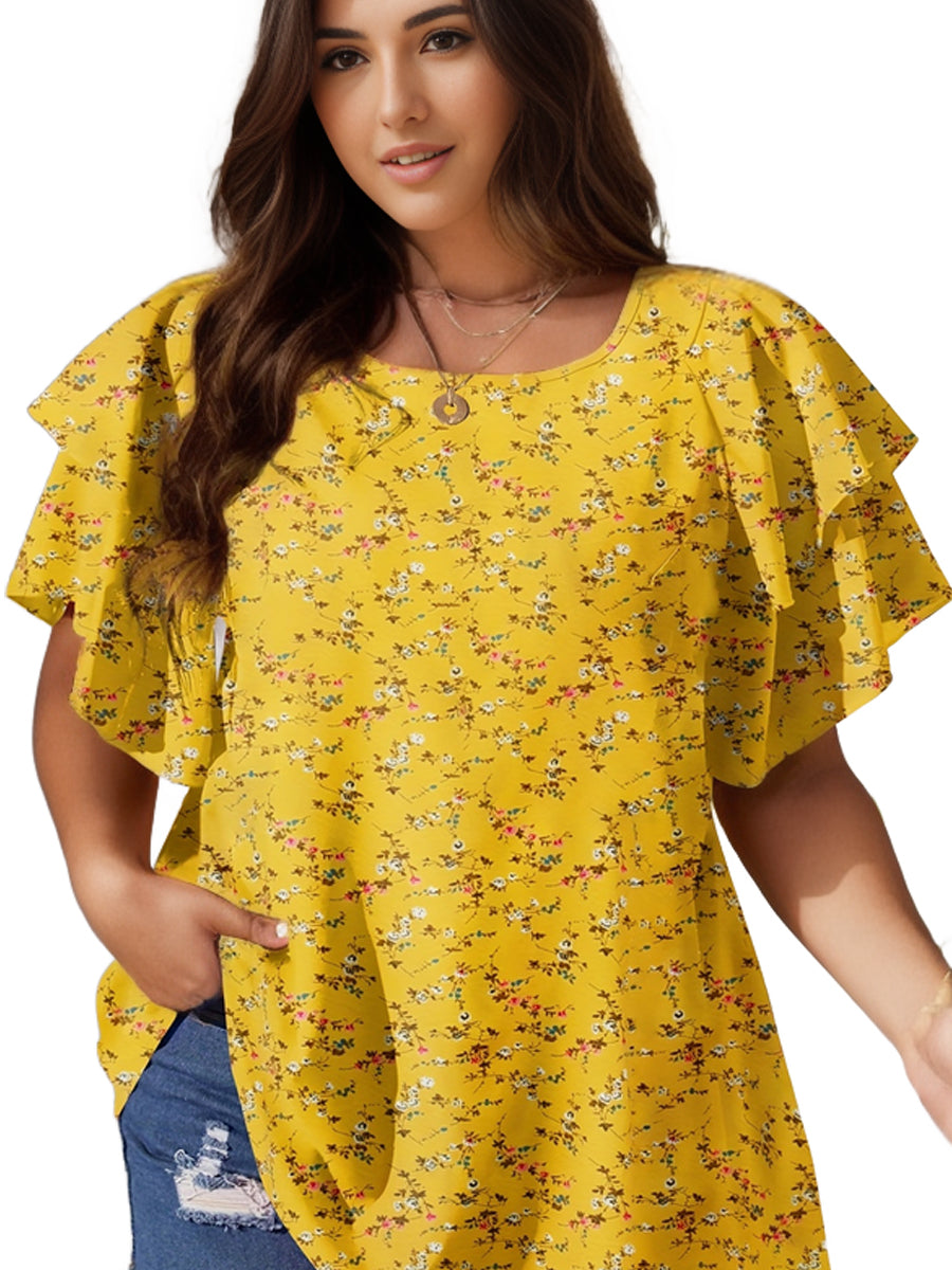 Plus Size Casual Blouse, Women's Plus Polka Dot Print Layered Sleeve Round Neck Oversized Blouse