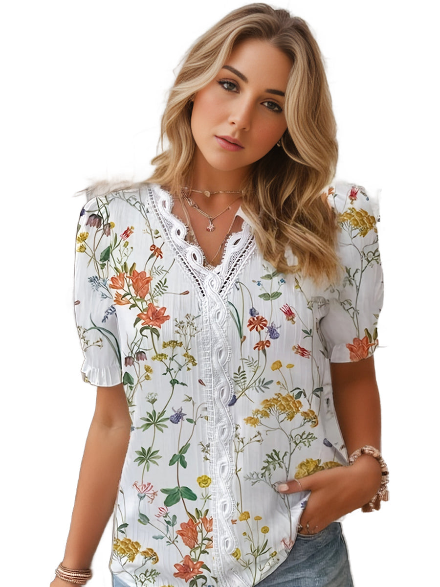 Plus Size Casual Blouse, Women's Plus Floral Print Contrast Lace Panel Puff Sleeve V Neck Slight Stretch Top