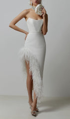 STRAPLESS FEATHER MIDI DRESS IN WHITE