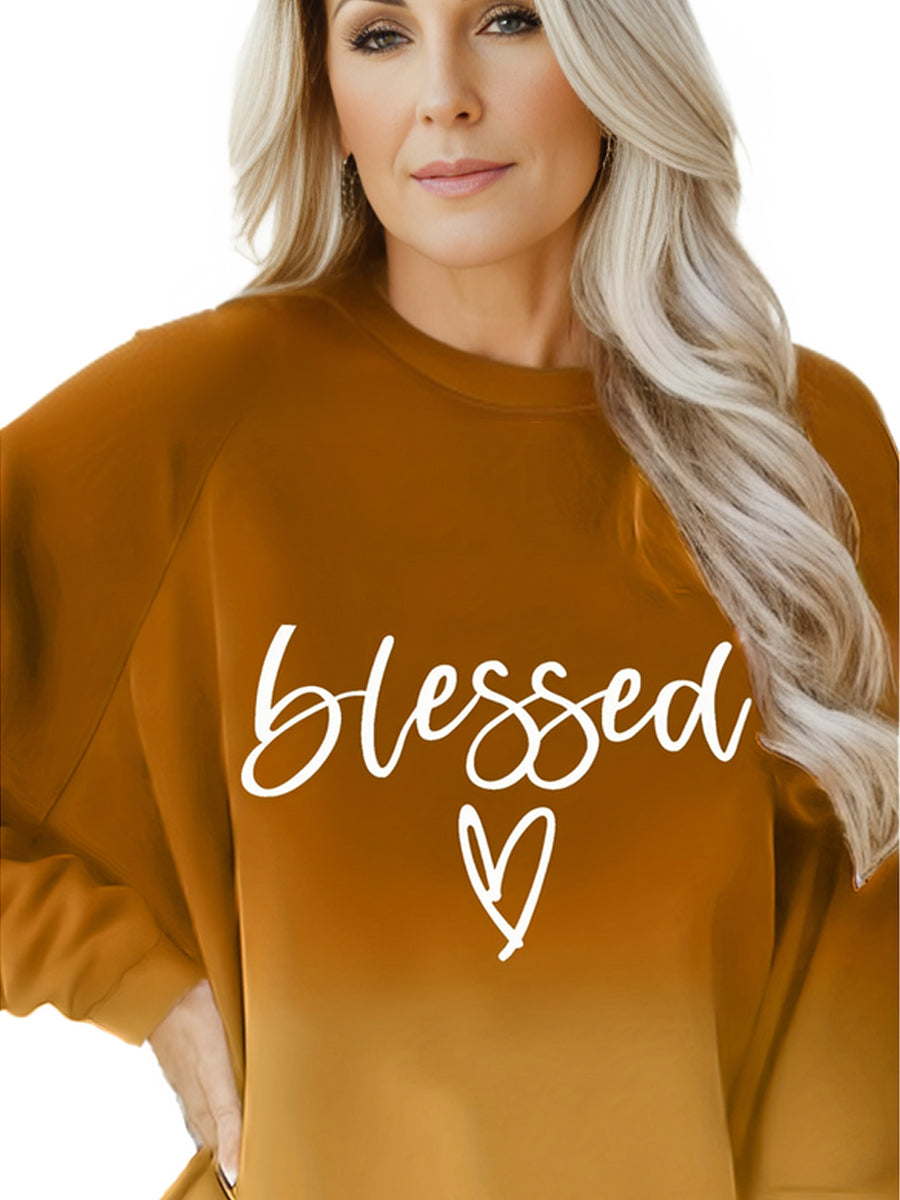 Plus Size Casual Sweatshirt, Women's Plus Ombre & Letter & Heart Print Raglan Sleeve Round Neck Slight Stretch Pullover Sweatshirt