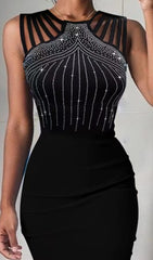 POLYESTER IRON-ON HALTER SLEEVELESS ONE STEP DRESS IN BLACK