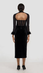 VELVET CORSET MAXI DRESS IN BLACK