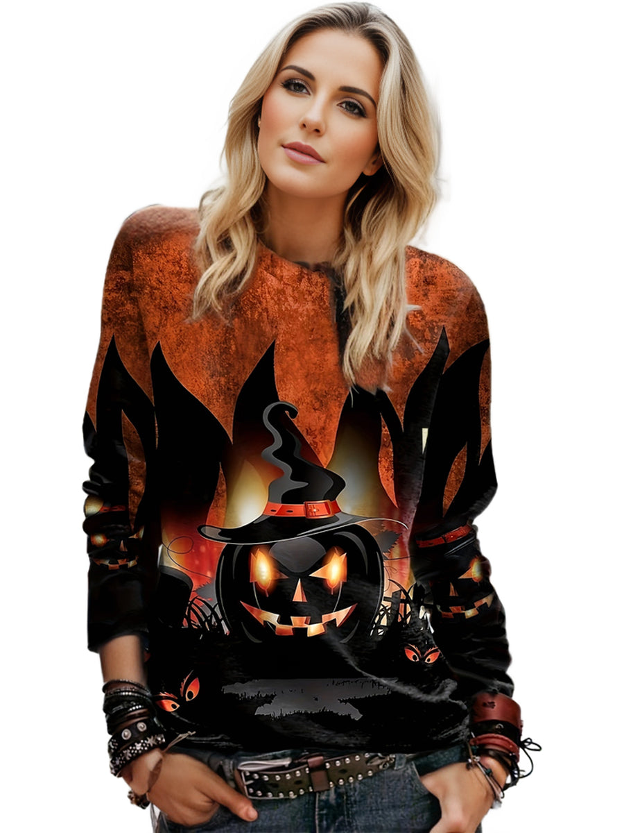 Plus Size Halloween Casual Sweatshirt, Women's Plus Witch Hat Pumpkin Print Long Sleeve Round Neck Pullover Top