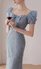 SEQUIN PUFF SLEEVE MAXI DRESS IN BLUE