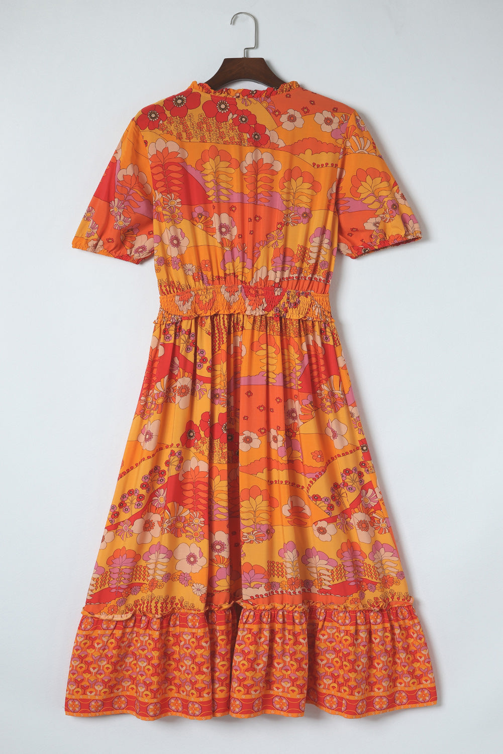 Orange Boho Floral Smocked Waist Maxi Dress with Slit