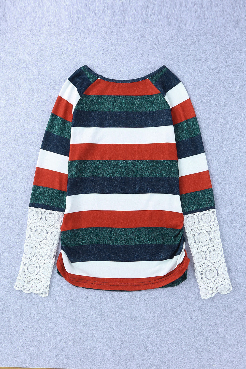 Orange Green Striped Lace Splicing Long Sleeve Top