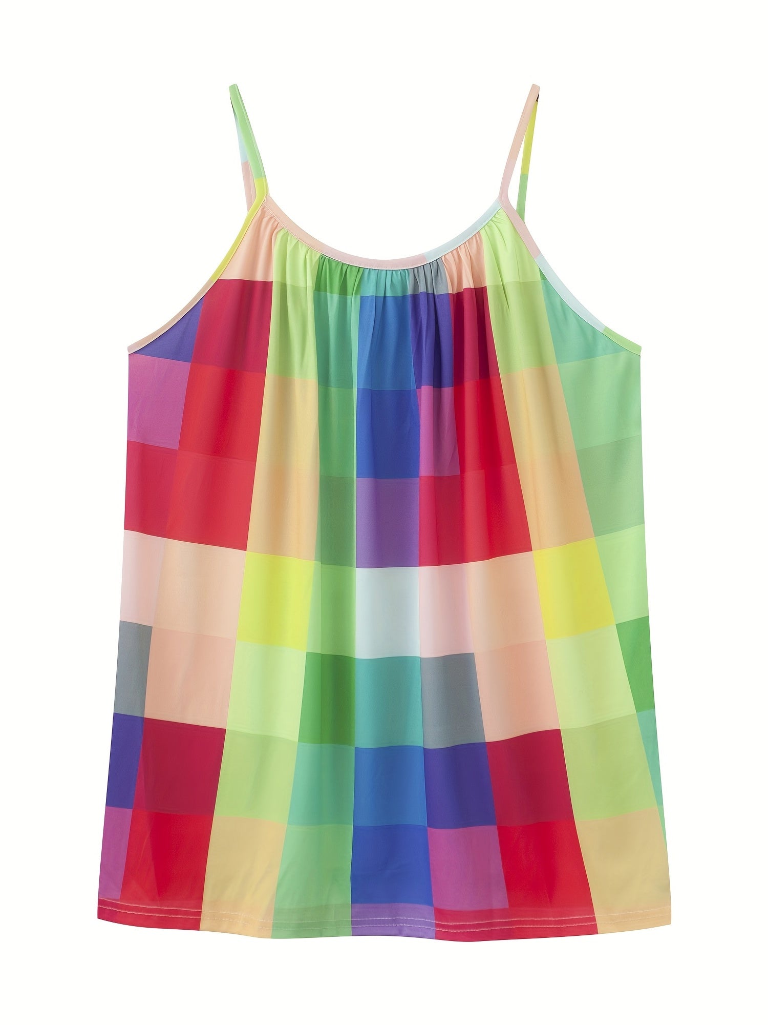 Plus Size Casual Cami Top, Women's Plus Colorful Grid Print Round Neck Slight Stretch Cami Top