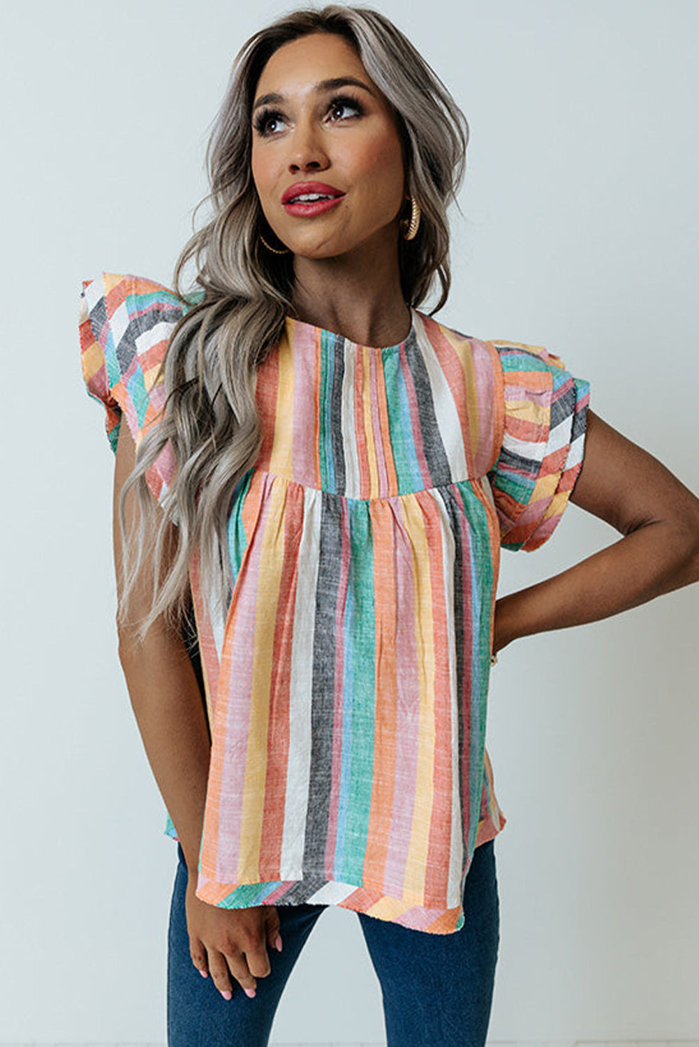 Pink Striped Button Sweetheart Flutter Sleeve Dress