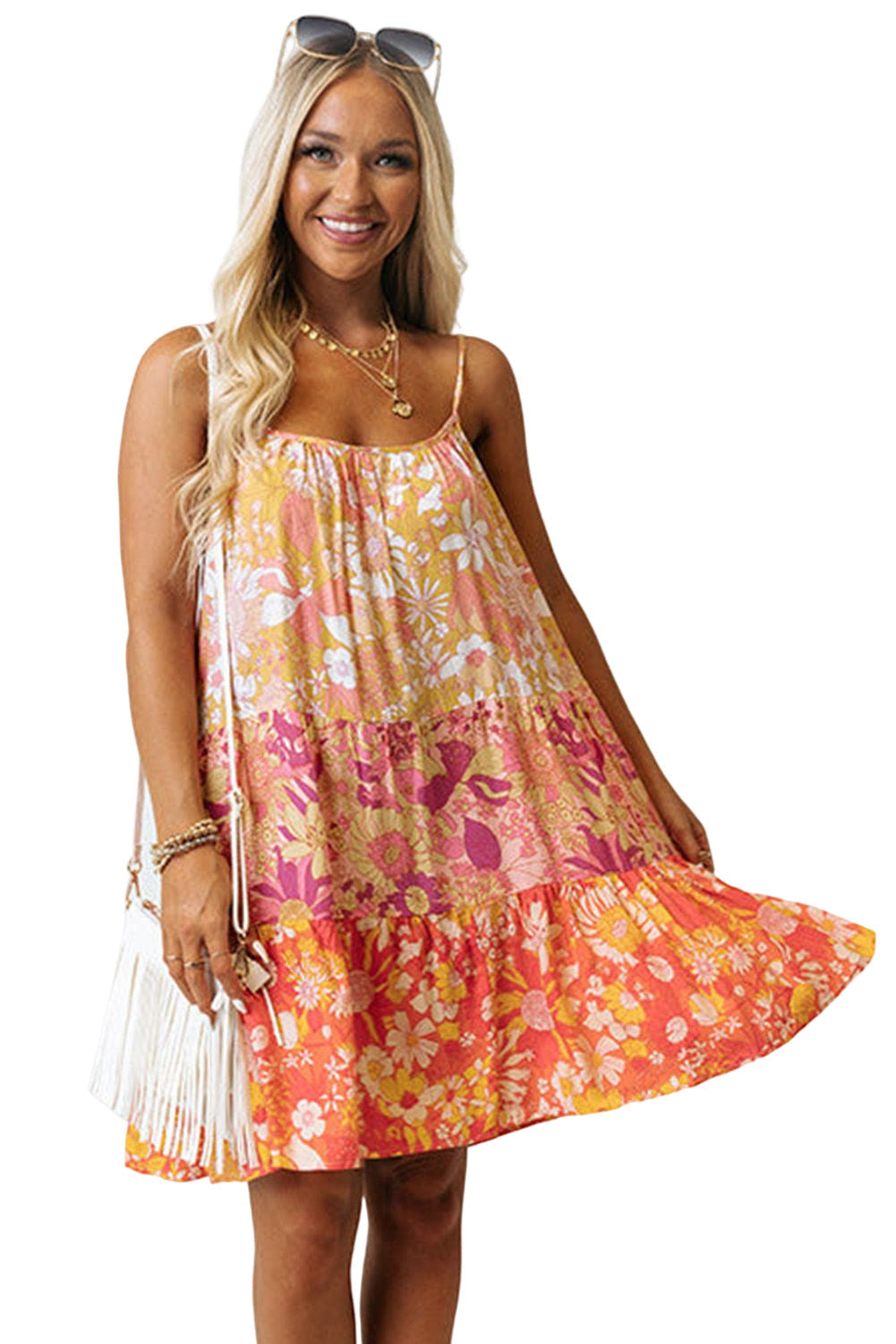 Orange Floral Print Tiered Spaghetti Straps Shift Dress