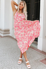 Vestido largo con lazo en los hombros y estampado floral de cuadros vichy rosas