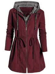 Plus Size Casual Coat, Women's Plus Colorblock Double Zip Up Long Sleeve Drawstring Nipped Waist Ruched Hooded Coat