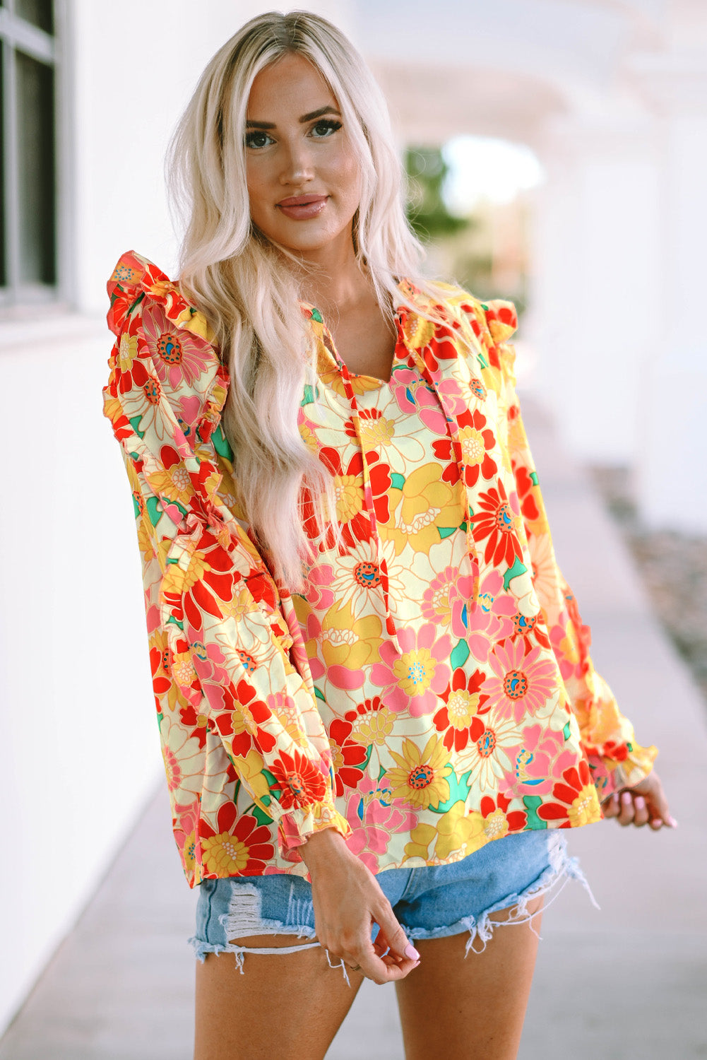 Orange Shirred Neck Summer Floral Dress