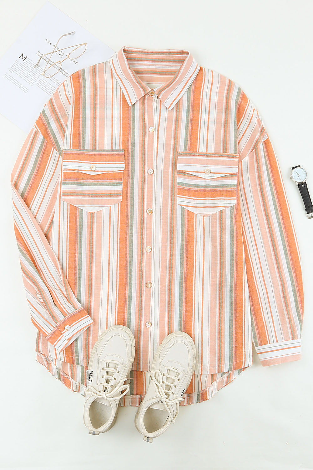 Orange Plus Size Striped Shirt with Chest Pockets