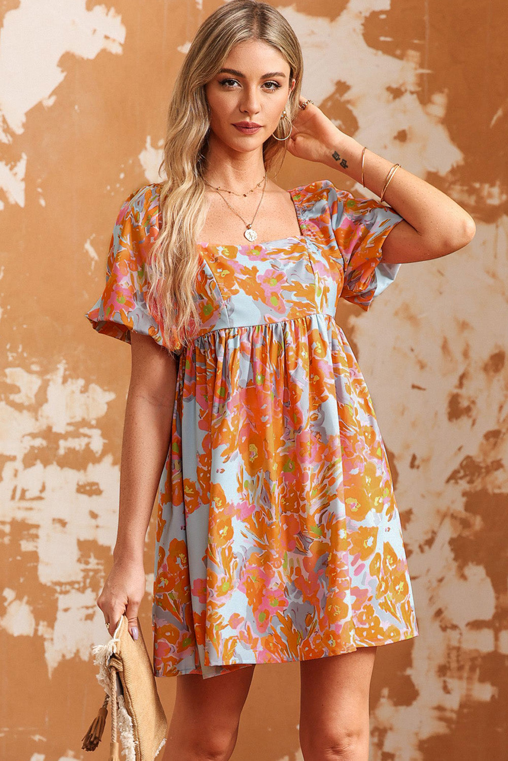 Orange High Waist Square Neck Puff Sleeve Floral Dress