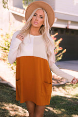 Orange Pocketed Color Block Patchwork Long Sleeve Top