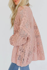 Pink Casual Hollowed Knit Dolman Sleeve Cardigan