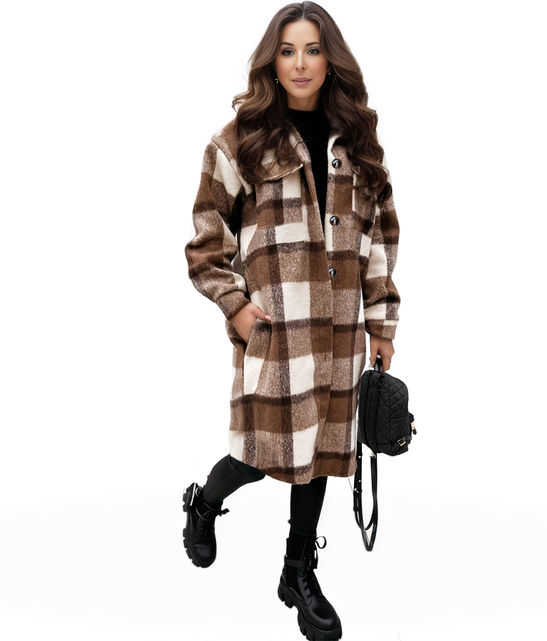 Plus Size Casual Coat, Women's Plus Plaid Print Long Sleeve Lapel Collar Button Up Shacket Jacket