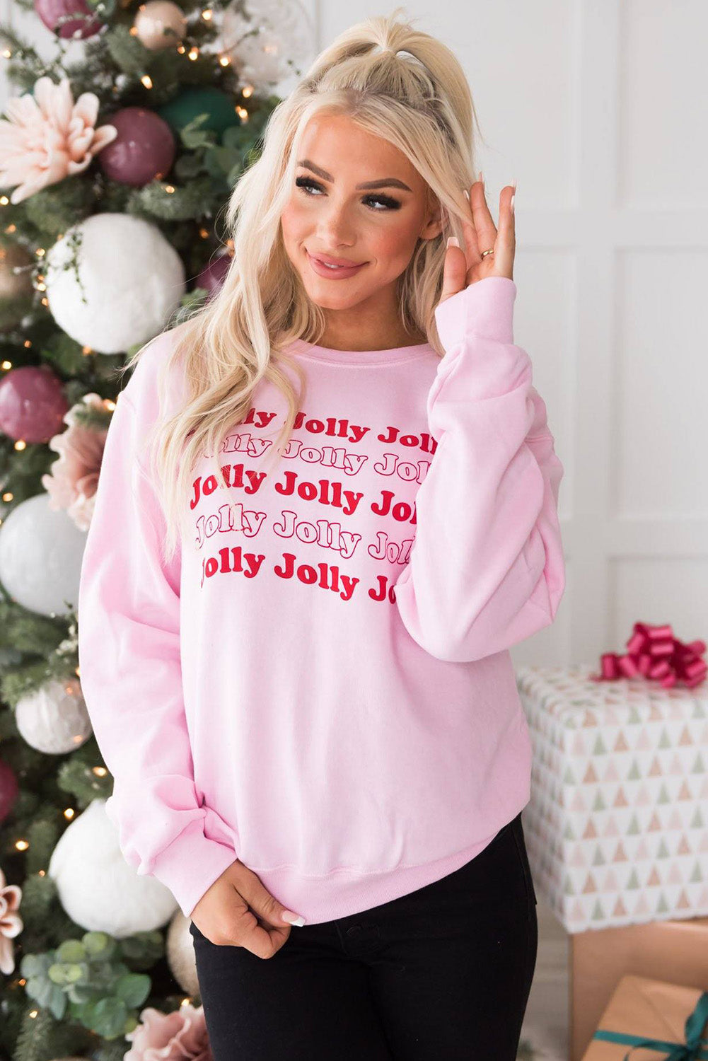 Pink Christmas Jolly Letter Print Pullover Sweatshirt