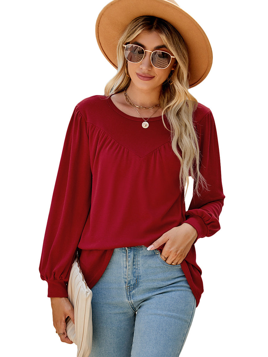 Lantern Sleeve Round Neck Long Sleeve Casual T-Shirt