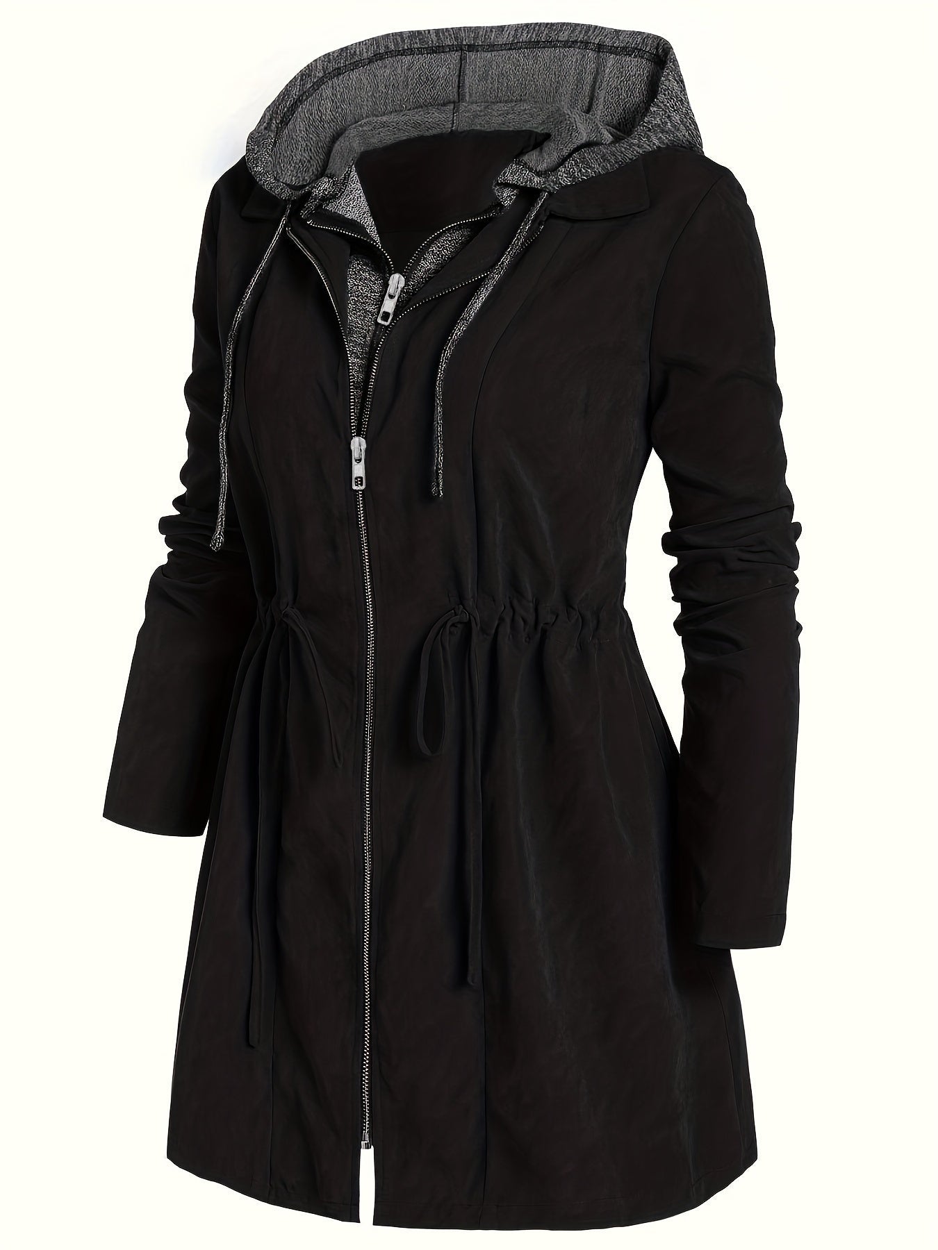 Plus Size Casual Coat, Women's Plus Colorblock Double Zip Up Long Sleeve Drawstring Nipped Waist Ruched Hooded Coat