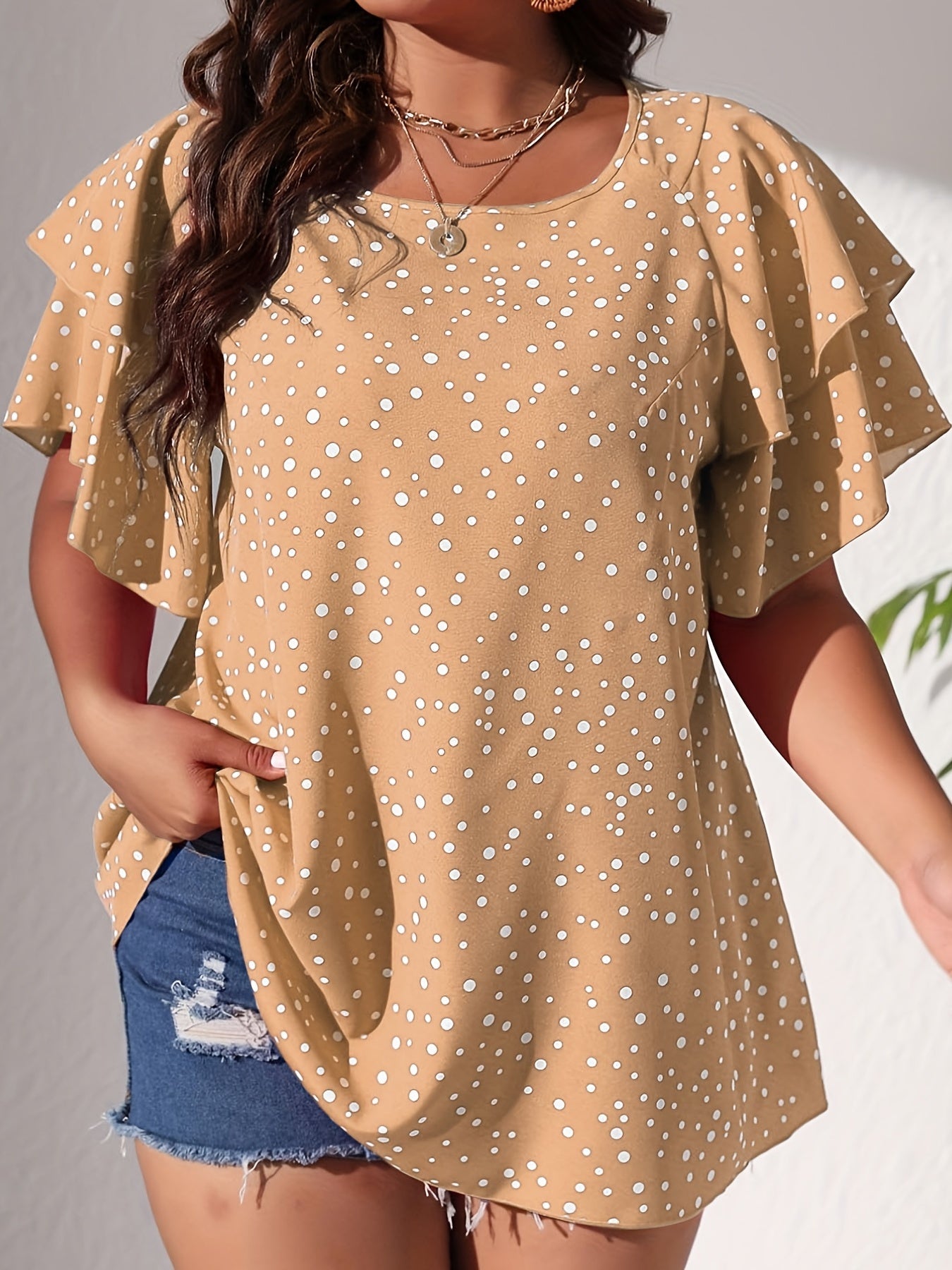 Plus Size Casual Blouse, Women's Plus Polka Dot Print Layered Sleeve Round Neck Oversized Blouse