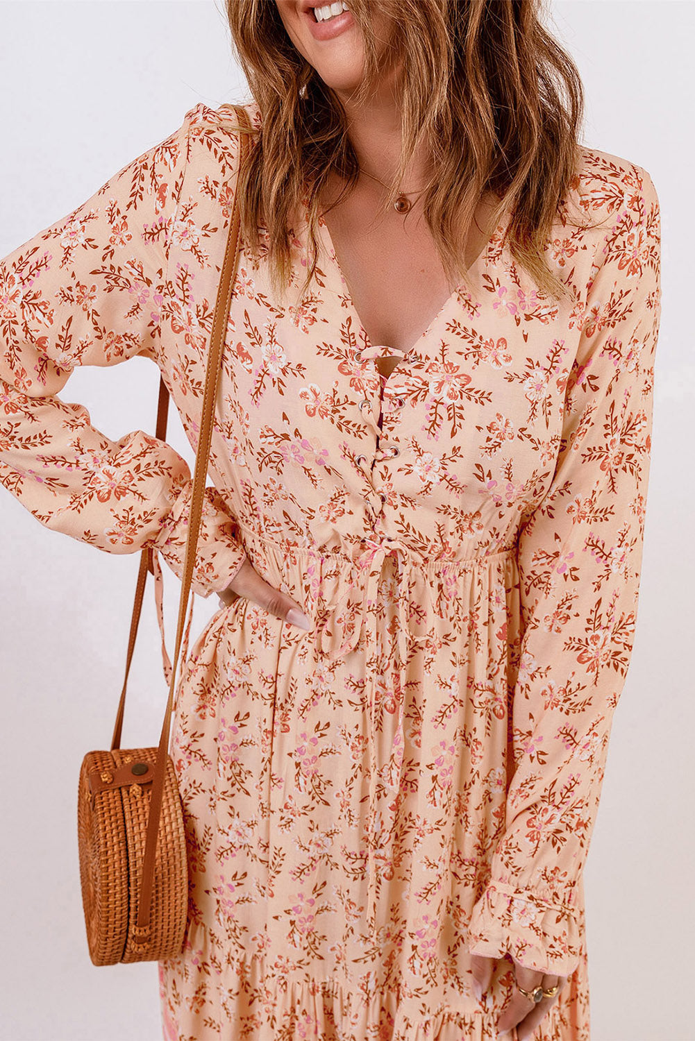 Orange Drawstring Lace-up V Neck Long Sleeve Floral Maxi Dress