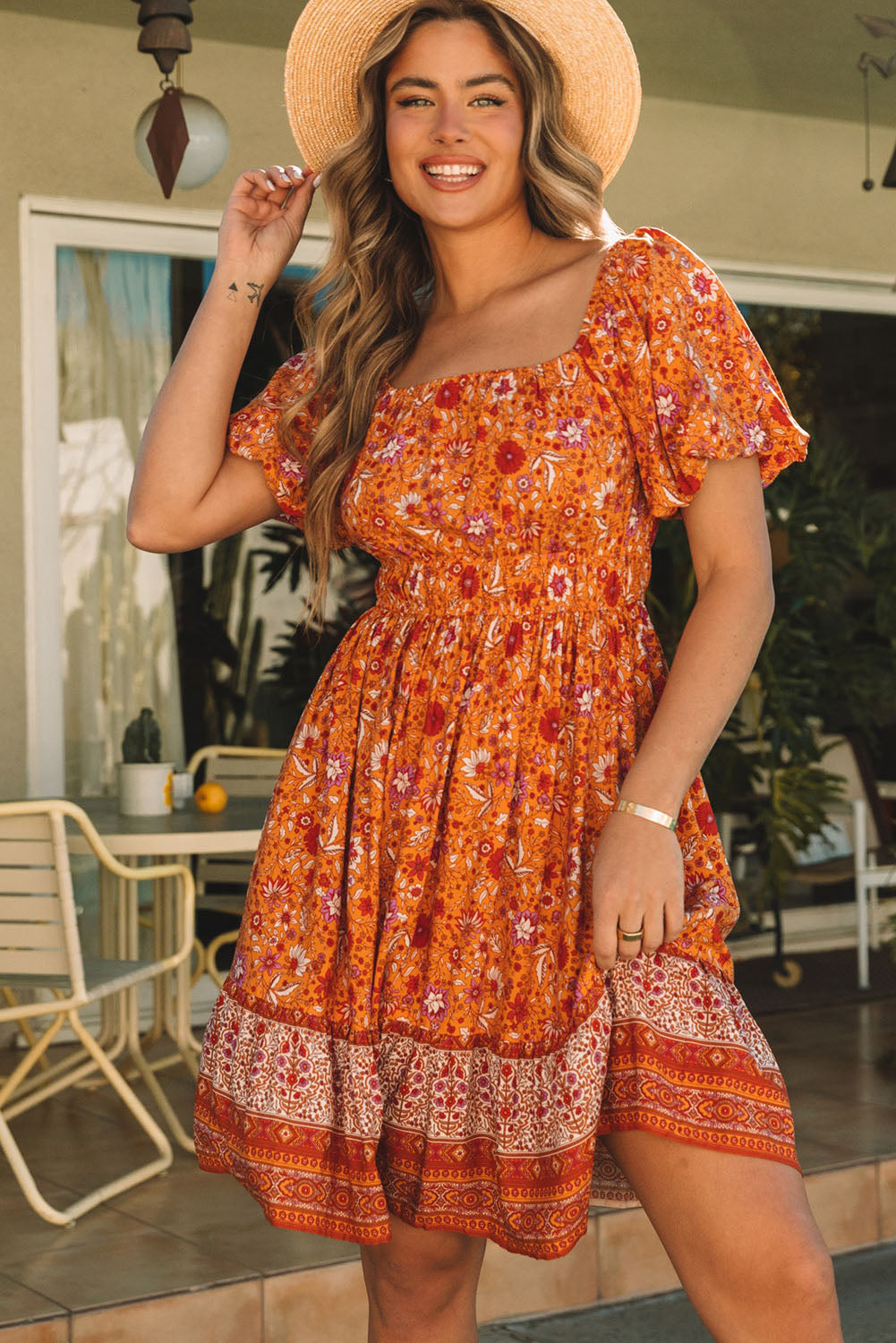 Orange Square Neck Puff Sleeves Flowy Floral Dress