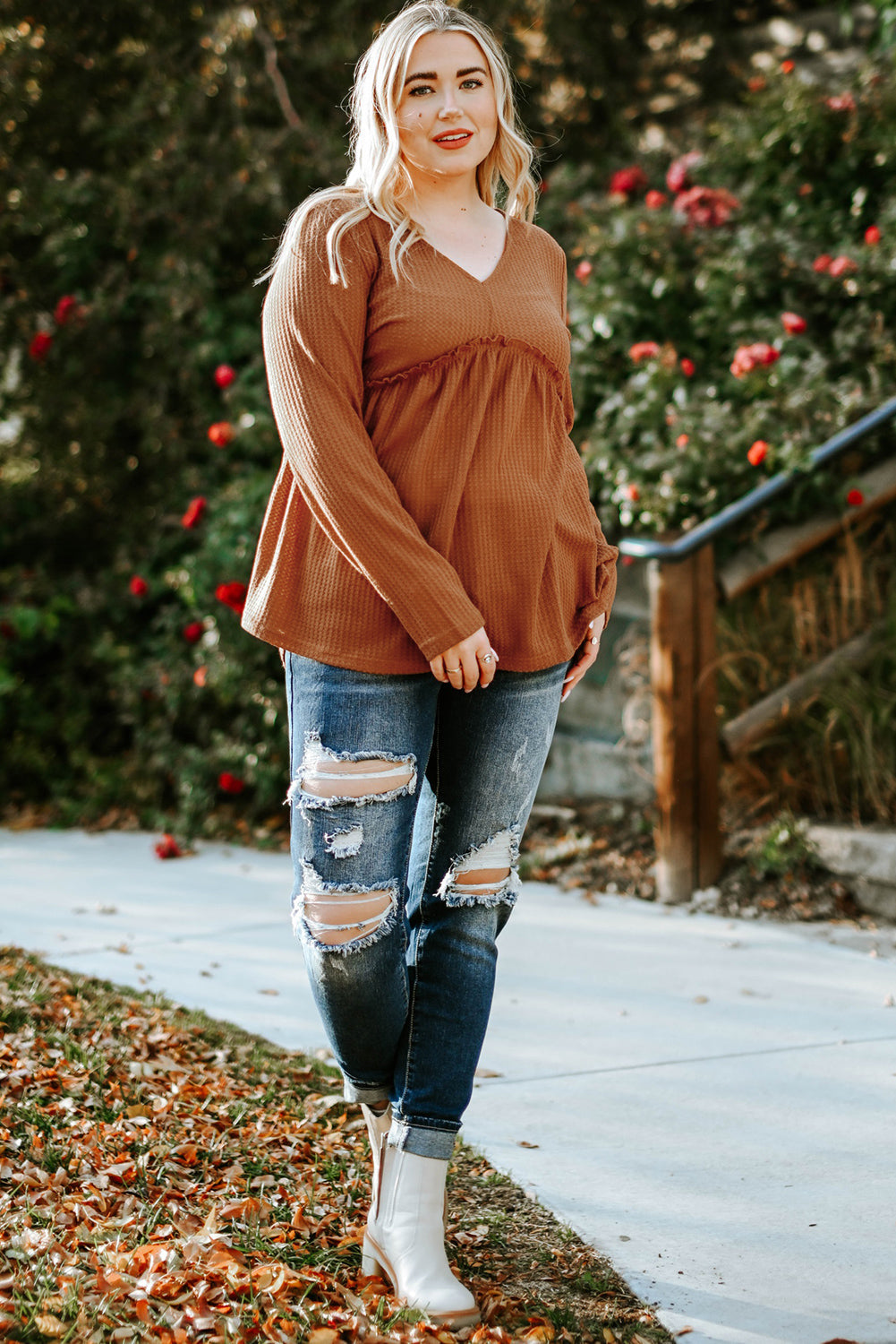 Orange Plus Size Ruffled Waffle Knit Top