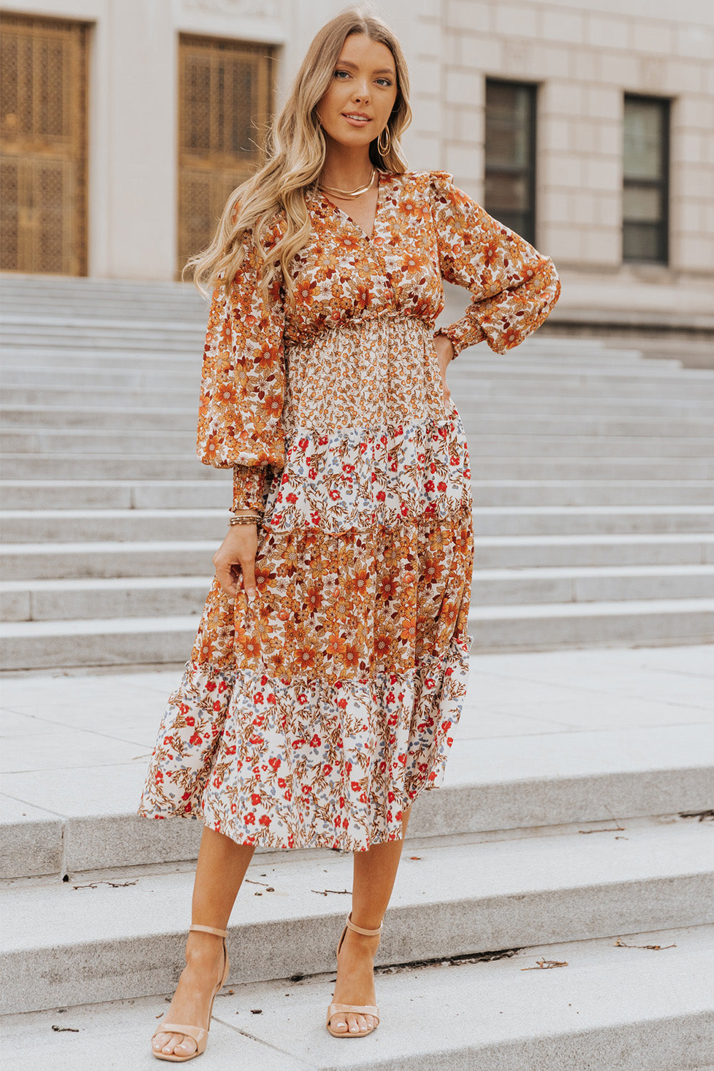 Orange Mix Floral Patchwork Frill Tiered Dress