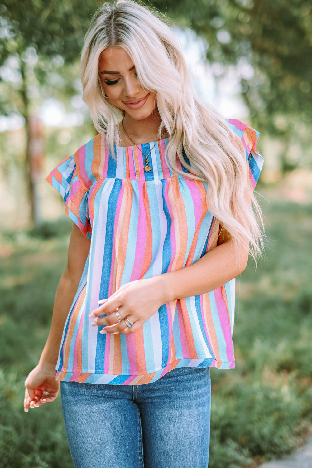 Pink Striped Button Sweetheart Flutter Sleeve Dress