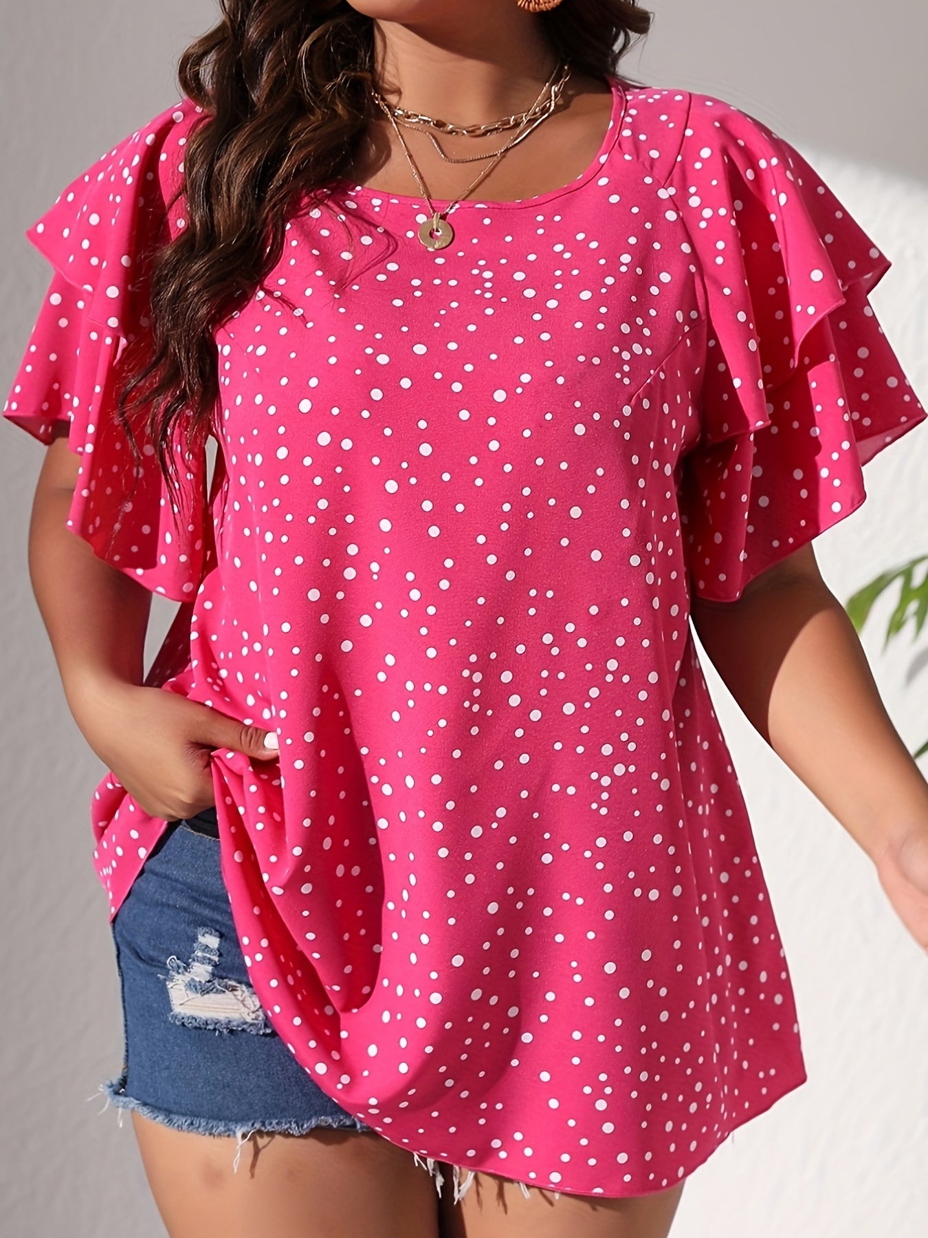 Plus Size Casual Blouse, Women's Plus Polka Dot Print Layered Sleeve Round Neck Oversized Blouse