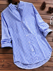 Plus Size Casual Blouse, Women's Plus Gingham Print Turn Down Collar Long Sleeve Shirt