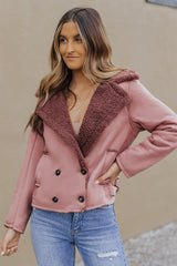 Pink Plush Lining Suede Cropped Double Breasted Coat