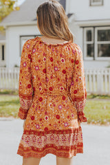 Orange Floral Print Drawstring Long Sleeve Mini Dress