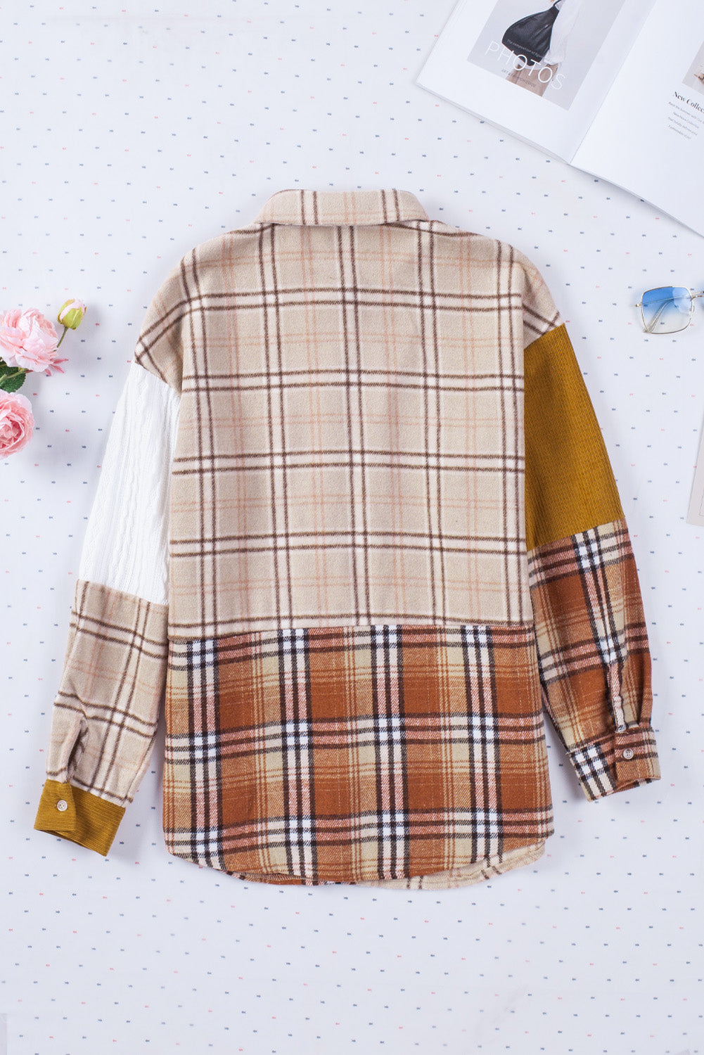 Orange Plaid Color Block Patchwork Shirt Jacket with Pocket