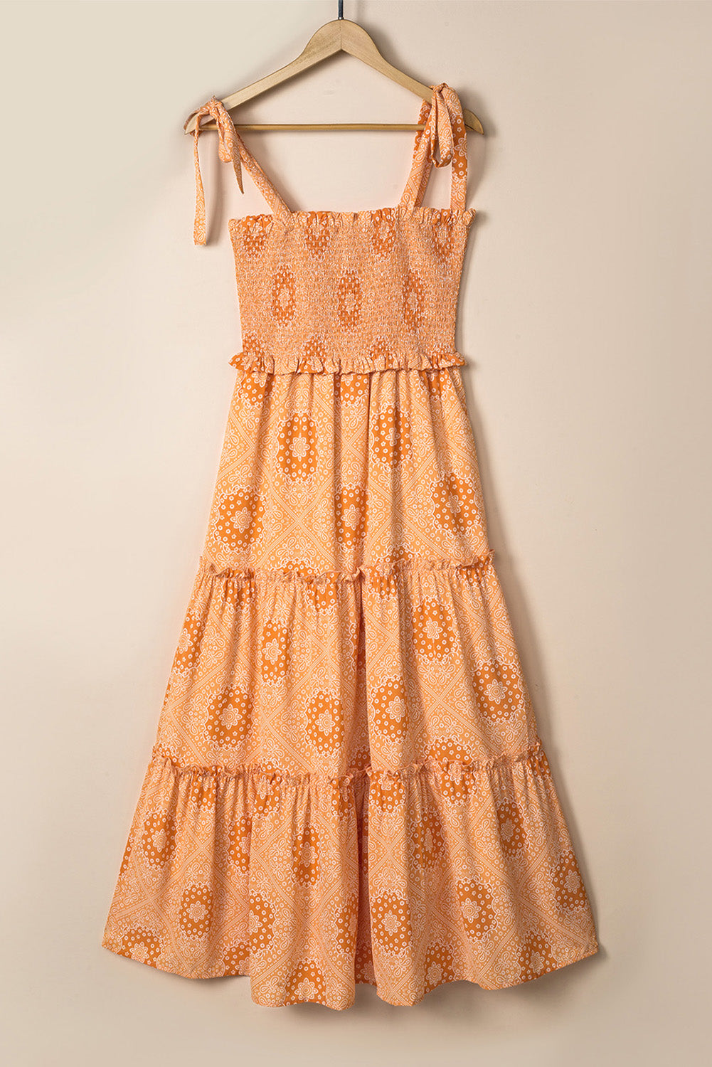 Orange Boho Floral Print Lace-up Straps Tiered Smocked Maxi Dress