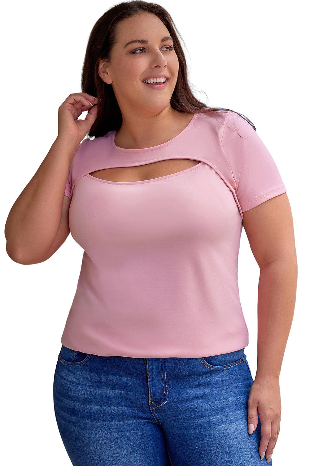 Camiseta rosa con abertura frontal y escote Peekaboo de talla grande