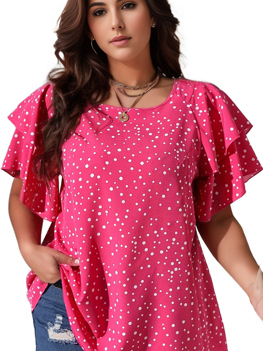 Plus Size Casual Blouse, Women's Plus Polka Dot Print Layered Sleeve Round Neck Oversized Blouse