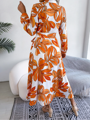 Stylish Fashionable Contrasting Floral Lapel Midi Dress