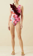 RUFFLED FLORAL PRINT SPLICING ONE PIECE SWIMSUIT