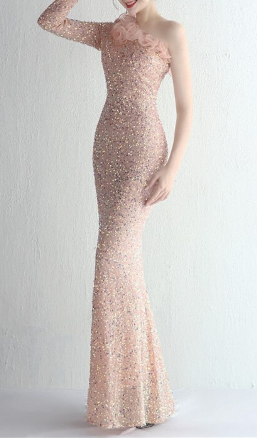 ONE-SHOULDER PUFF SLEEVE SEQUIN STITCHED MAXI DRESS