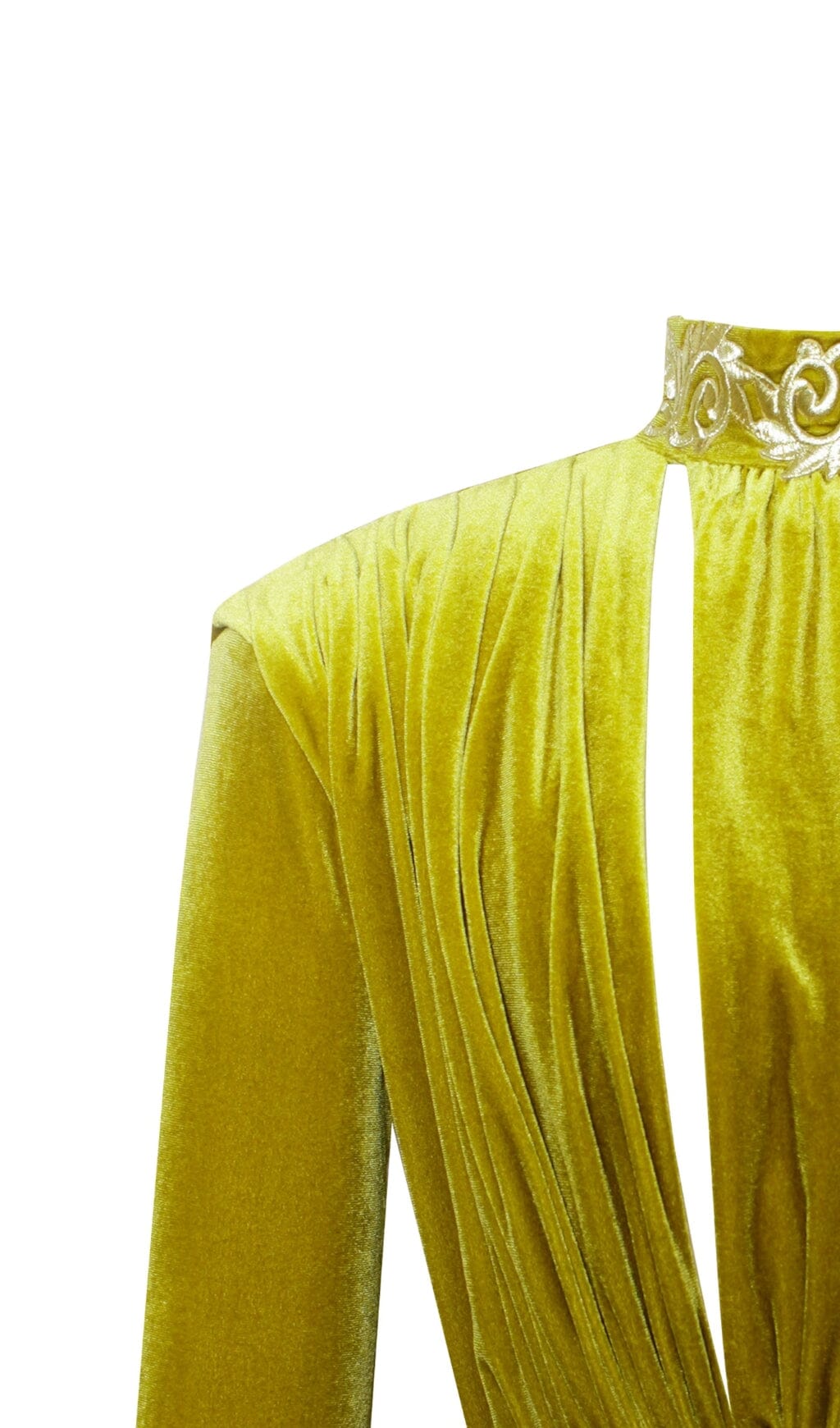Vestido de terciopelo con abertura alta y corte dorado de Zenaida