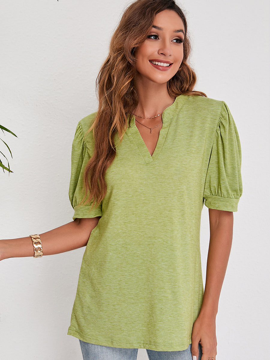 V-Neck Solid Color Puff Sleeve Loose T-Shirt