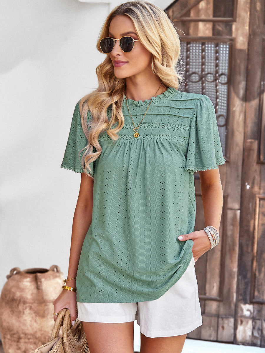 Casual Solid Color Hollow Round Neck T-Shirt